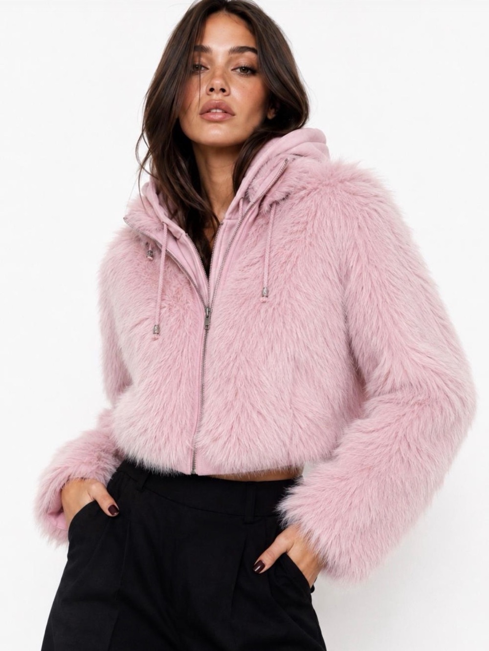 Faux Fur Hooded Zip Jacket - Womens
